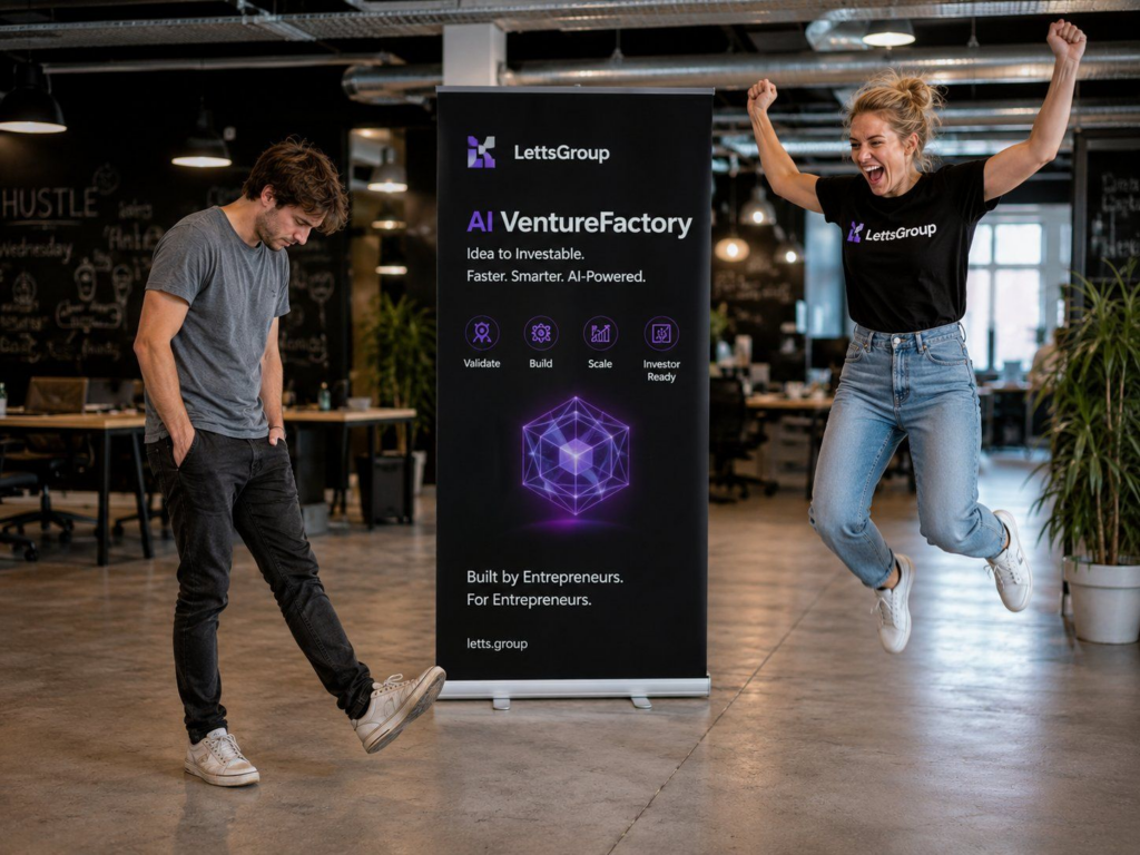 Startup Founder Jumping for Joy After Using LettsGroup AI VentureFactory