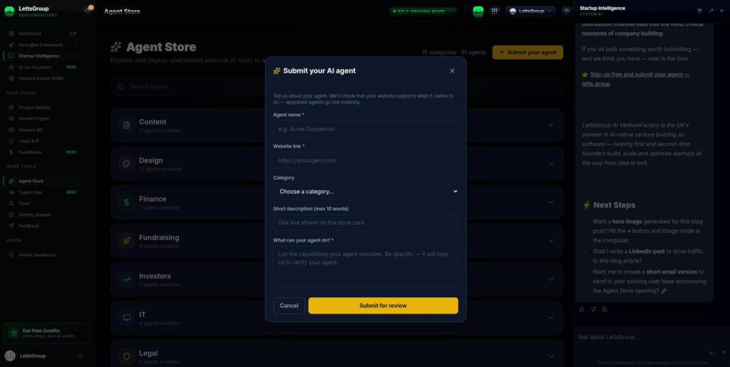 LettsGroup AI VentureFactory Agent Store - Submit AI Agent Modal