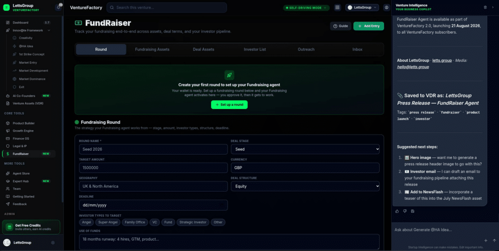 VentureFactory FundRaiser Dashboard – Seed 2026 Round Setup