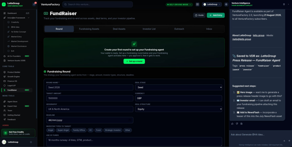 VentureFactory FundRaiser Dashboard – Seed 2026 Round Setup