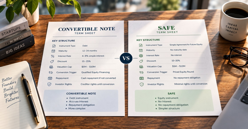 Convertible Note vs SAFE Term Sheet Comparison