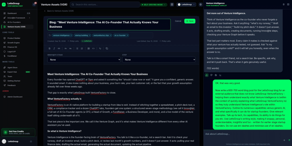 VentureFactory Venture Intelligence AI Co-Founder Blog Post Creation